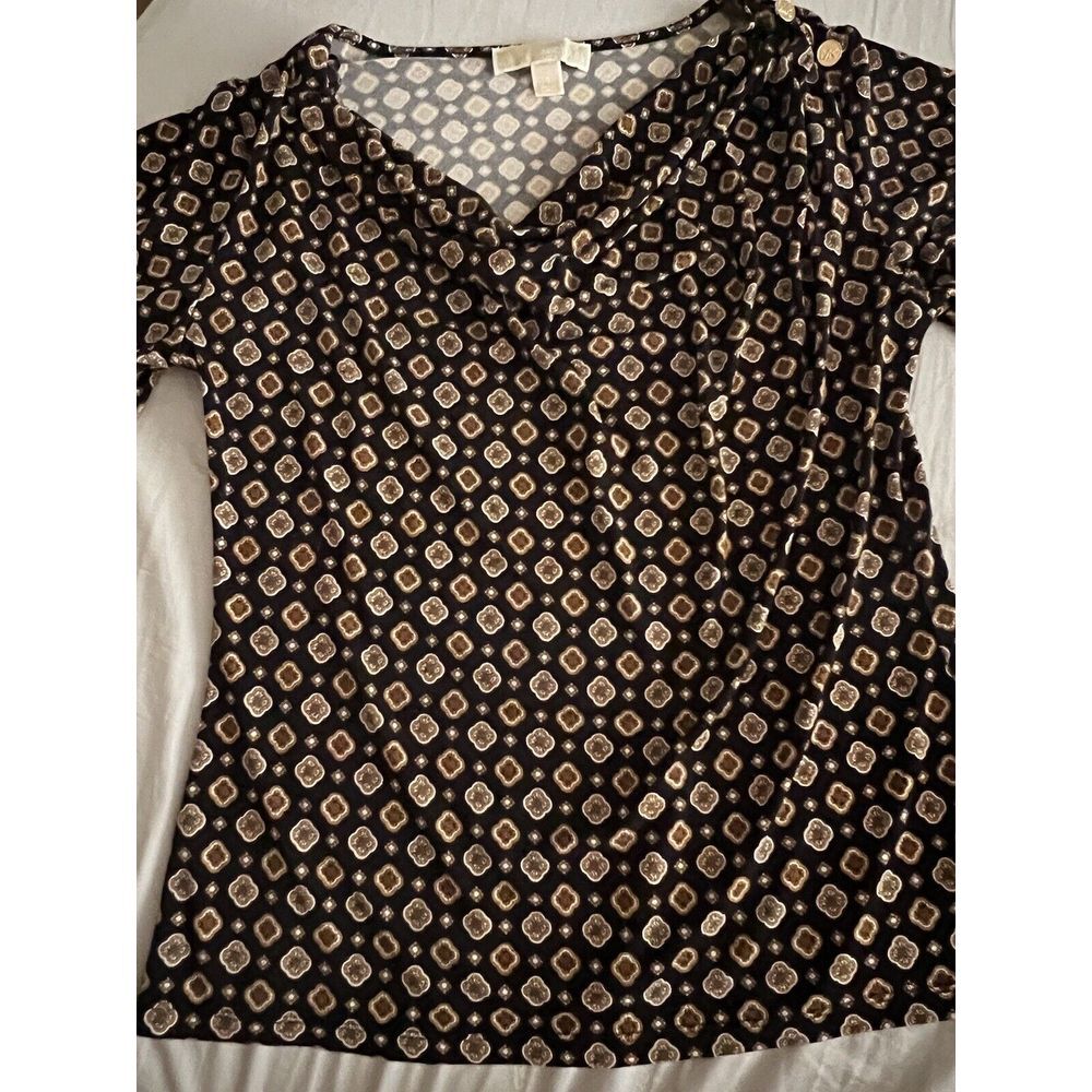 MICHAEL KORS BLACK / MARIGOLD DRAPED NECK SHORT SLEEVE TOP Size Small